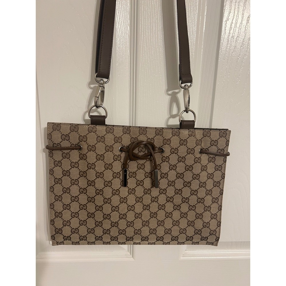 Gucci GG Monogram Canvas Leather Trim Shoulder Bag Brown Silver Hardware